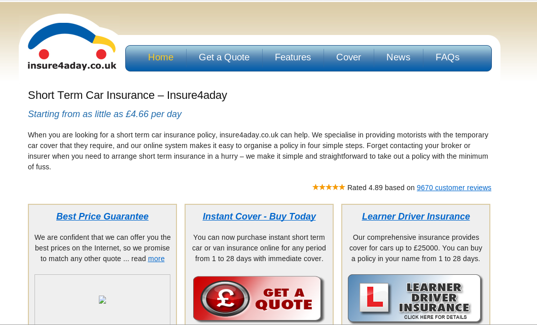 Insure4aDay homepage
