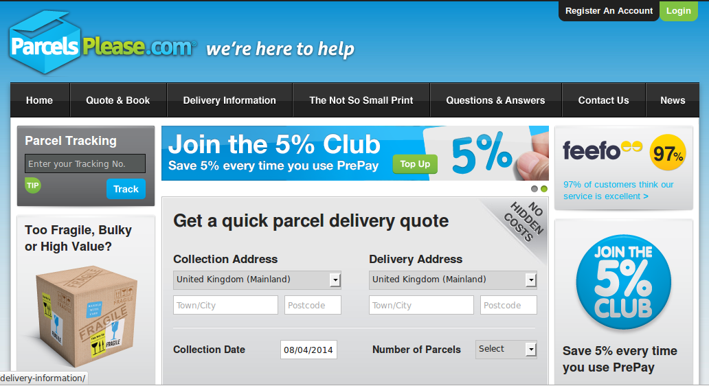 Parcels Please homepage