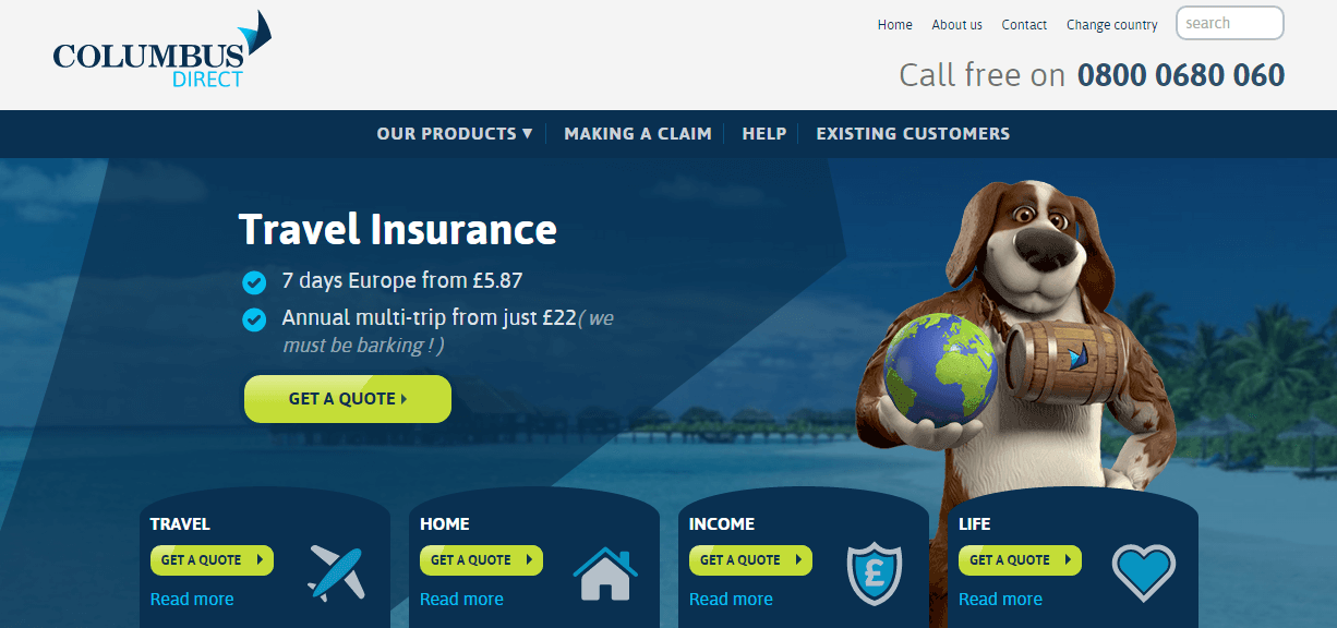 Columbus Direct Travel Insurance homepage
