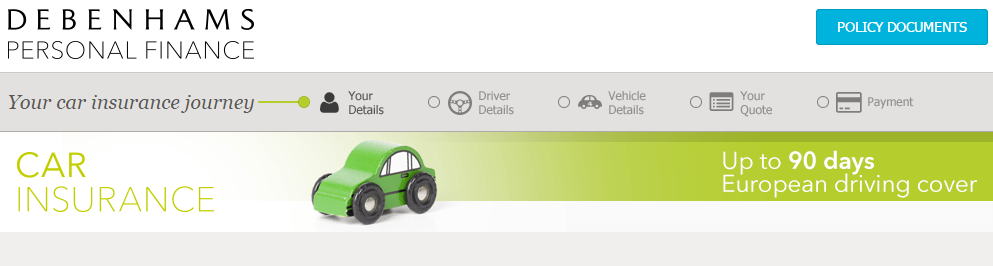 Debenhams Car Insurance voucher codes homepage