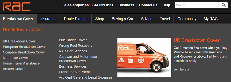 RAC European Breakdown Cover Homepage