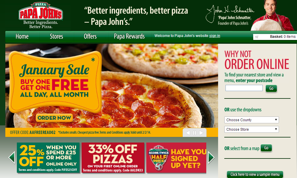 Papa Johns voucher codes homepage image