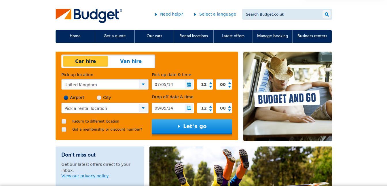 Budget Rent A Car homepage