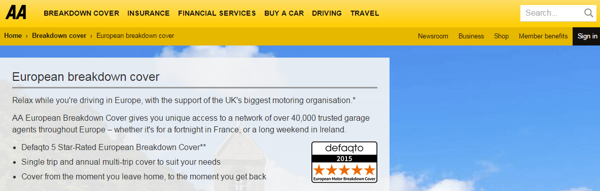 AA European Breakdown homepage
