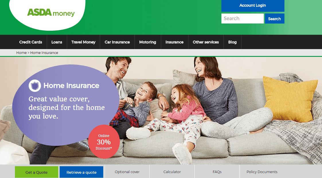 Asda home insurance homepage